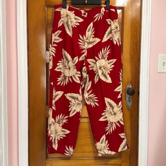 Sag Harbor Vintage Silk Floral Red Tan Cropped Pants Women’s 16 - Picture 1 of 10